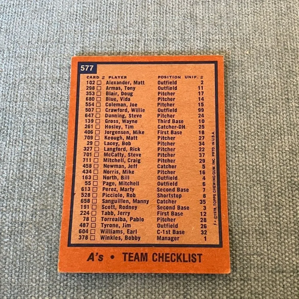 1978 Topps Oakland A's Baseball Card Trading Card